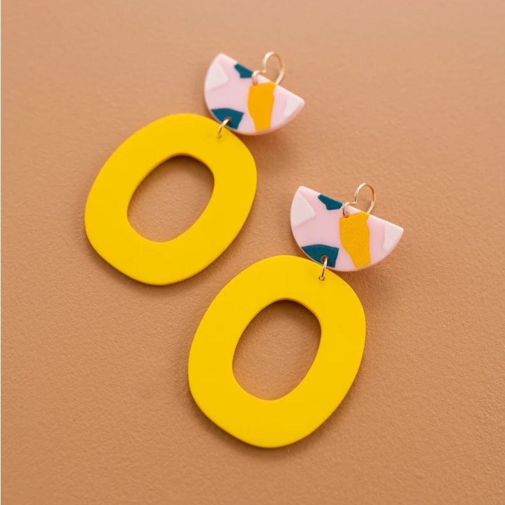 Yellow and Pink Geometric Shape Colorful Statement Drop Dangle Earrings